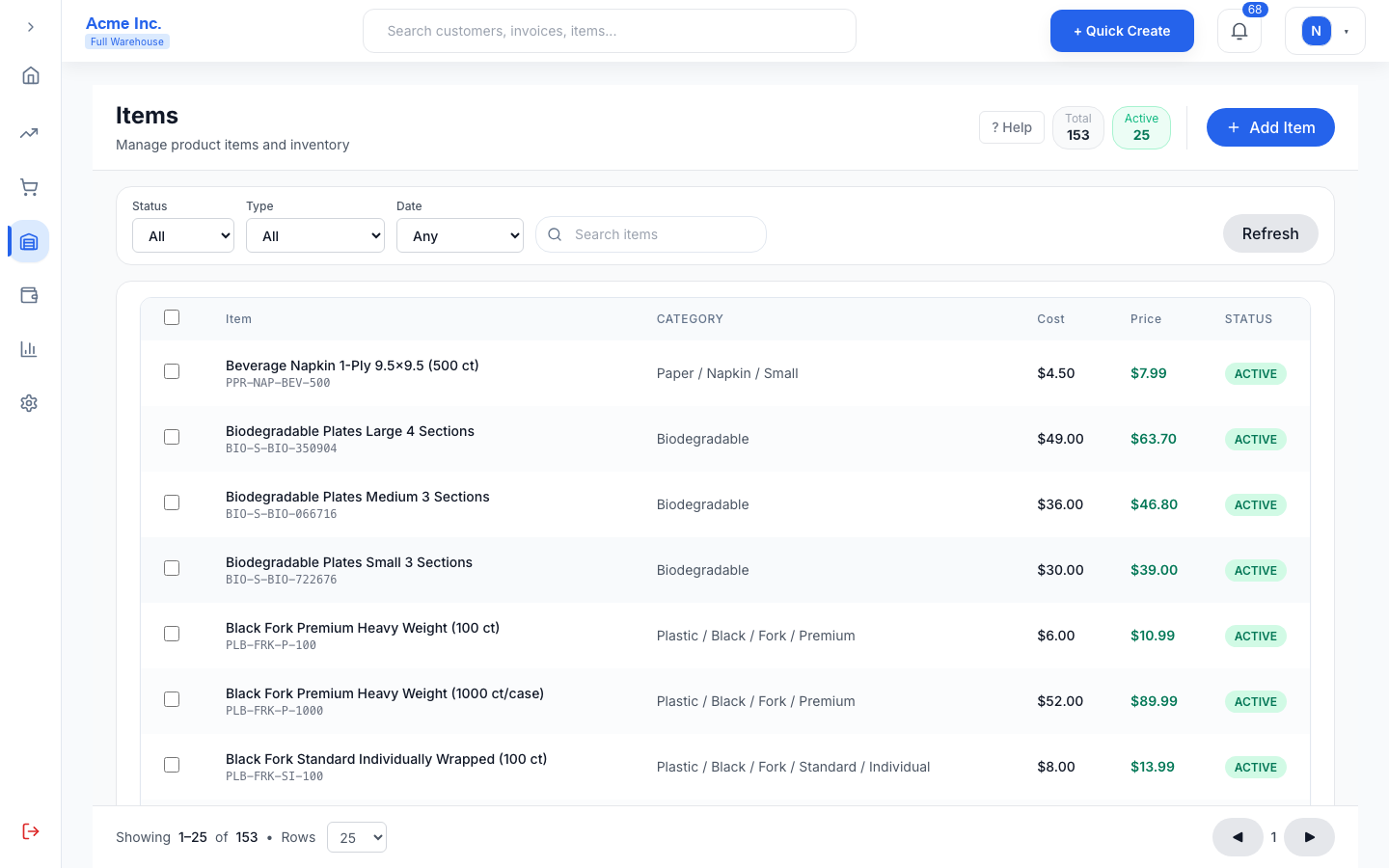 Inventory items list showing SKUs, categories, cost, and price
